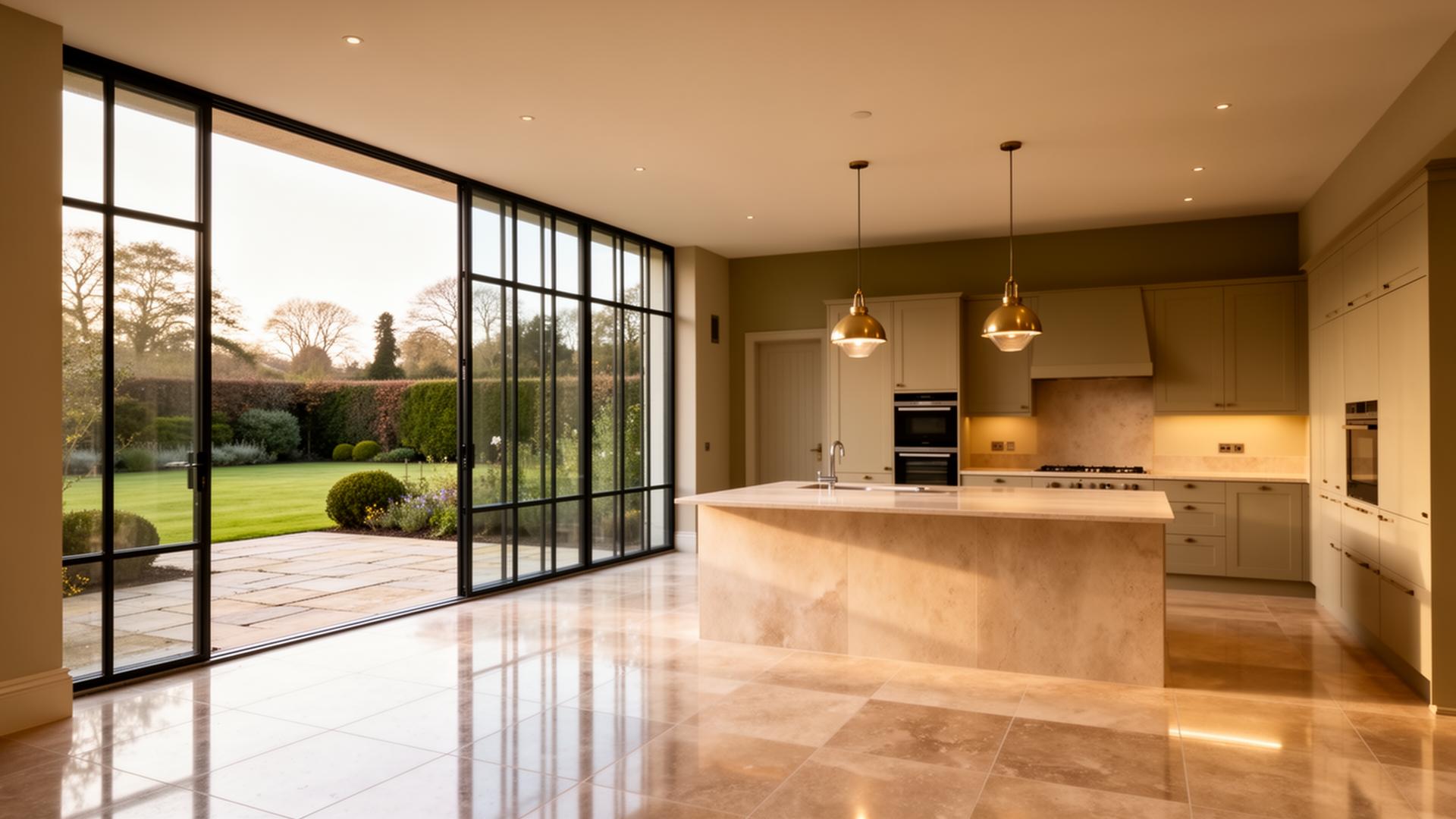 Luxury architectural kitchen extension with limestone floor and Crittall glass
